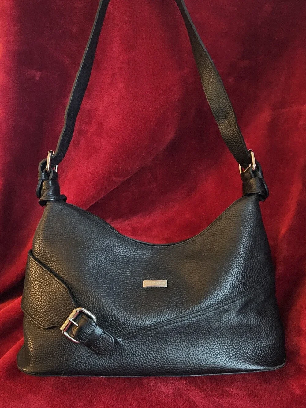 Black Pebbled Leather Shoulder Bag with Buckle Accent